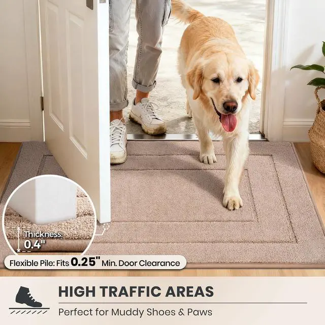 Alt view image 6 of 7 - Dirt Trapping Door Mat 20" x 31.5", Non-Slip/Skid Machine Washable Entryway Rug, Dog Doormat, Super Absorbent Welcome Mat for Muddy Wet Shoes and Paws, Beige