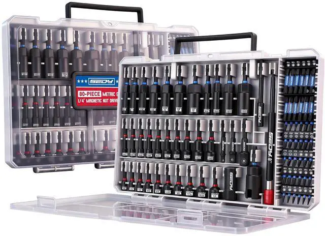Main image of 80-Piece Premium Magnetic Impact Nut Driver Set Metric & SAE with Socket Adapters, Bit Holder, Wing Nut Driver, Universal Sockets, Quick Release Extension, Power Bits