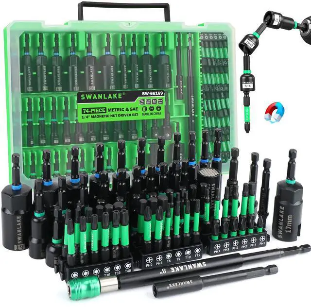 Main image of 74-Piece Magnetic Nut Driver Set for Impact Drill Metric & SAE, Impact Socket Adapter, Power Bits with Magnetic Holder, Wing Nut Driver, Universal Socket, 1/4'' Quick-change Bit Extension