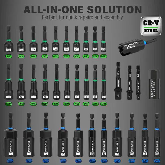 Alt view image 2 of 7 - 74-Piece Magnetic Nut Driver Set for Impact Drill Metric & SAE, Impact Socket Adapter, Power Bits with Magnetic Holder, Wing Nut Driver, Universal Socket, 1/4'' Quick-change Bit Extension
