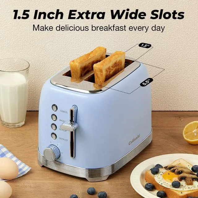 Alt view image 2 of 7 - Toaster 2 Slice Retro Stainless Steel with 1.5 Extra Wide Slots Bagel, Defrost, Reheat, Cancel Functions, 6 Bread Shade Settings, Removable Crumb Tray, Blue