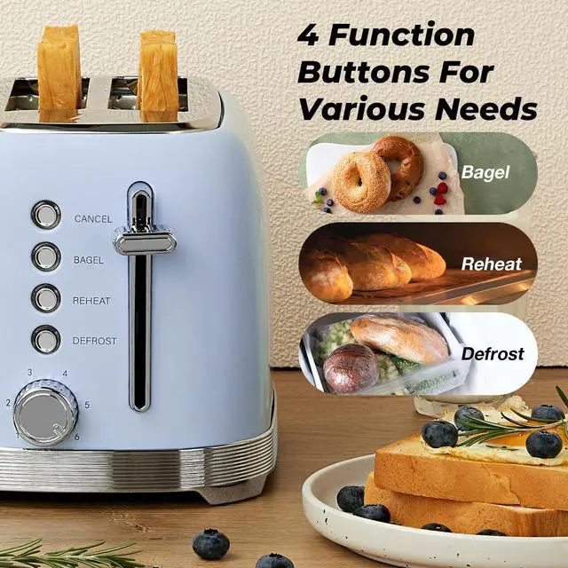 Alt view image 6 of 7 - Toaster 2 Slice Retro Stainless Steel with 1.5 Extra Wide Slots Bagel, Defrost, Reheat, Cancel Functions, 6 Bread Shade Settings, Removable Crumb Tray, Blue