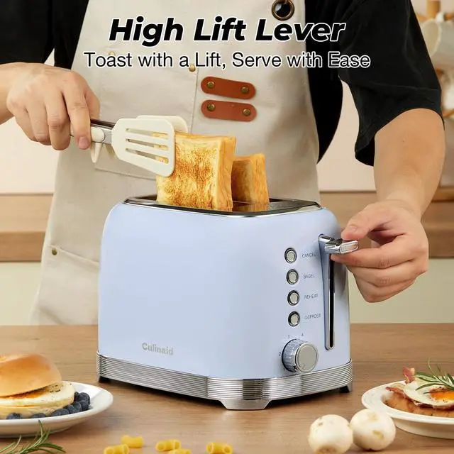 Alt view image 7 of 7 - Toaster 2 Slice Retro Stainless Steel with 1.5 Extra Wide Slots Bagel, Defrost, Reheat, Cancel Functions, 6 Bread Shade Settings, Removable Crumb Tray, Blue