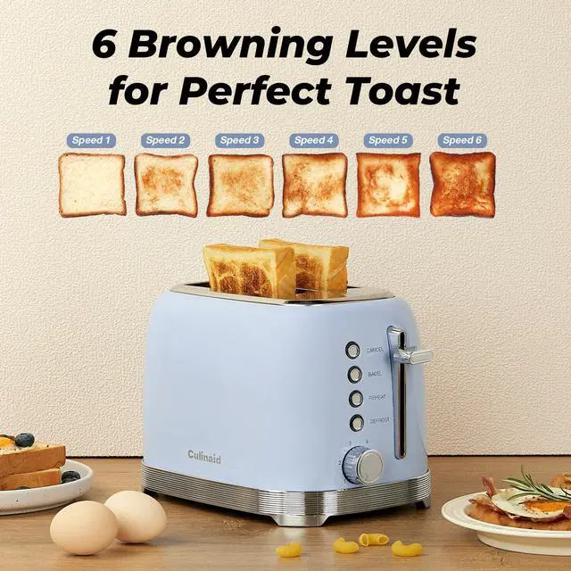 Alt view image 4 of 7 - Toaster 2 Slice Retro Stainless Steel with 1.5 Extra Wide Slots Bagel, Defrost, Reheat, Cancel Functions, 6 Bread Shade Settings, Removable Crumb Tray, Blue