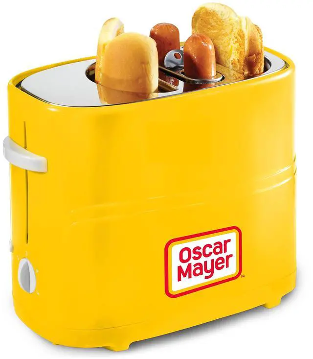 Main image of 2 Slot Hot Dog and Bun Toaster with Mini Tongs, Hot Dog Toaster Works with Chicken, Turkey, Veggie Links, Sausages and Brats, Yellow