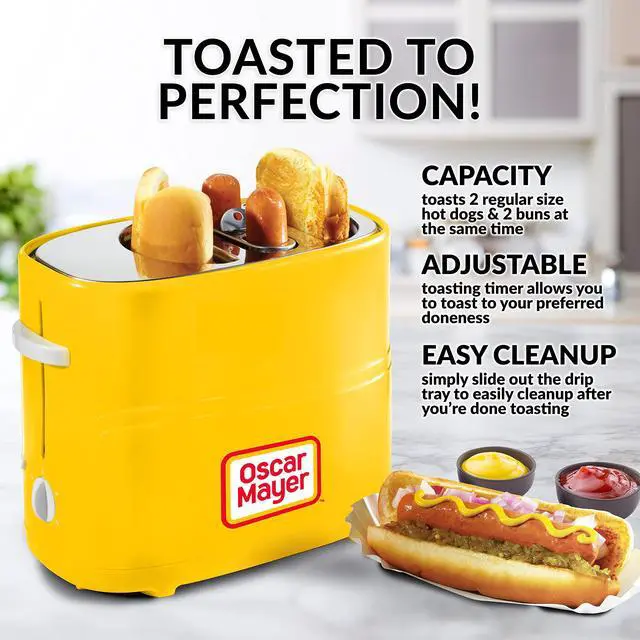 Alt view image 2 of 7 - 2 Slot Hot Dog and Bun Toaster with Mini Tongs, Hot Dog Toaster Works with Chicken, Turkey, Veggie Links, Sausages and Brats, Yellow