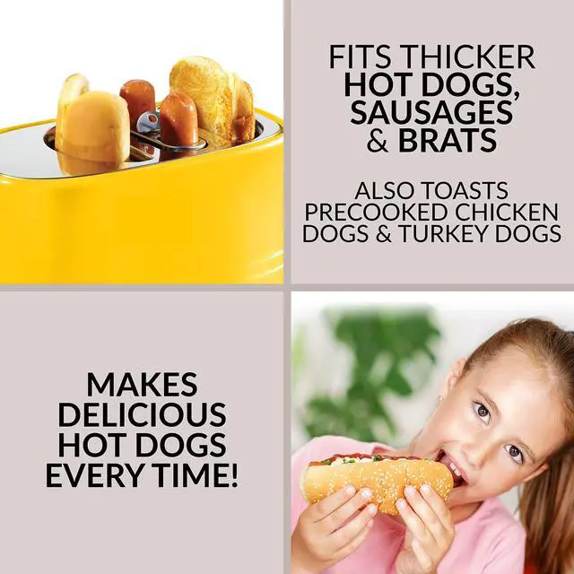 Alt view image 3 of 7 - 2 Slot Hot Dog and Bun Toaster with Mini Tongs, Hot Dog Toaster Works with Chicken, Turkey, Veggie Links, Sausages and Brats, Yellow