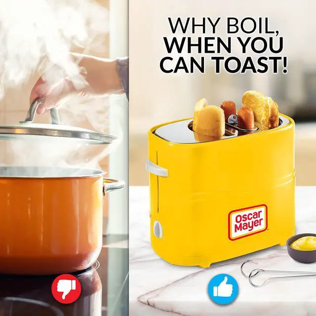 Alt view image 5 of 7 - 2 Slot Hot Dog and Bun Toaster with Mini Tongs, Hot Dog Toaster Works with Chicken, Turkey, Veggie Links, Sausages and Brats, Yellow