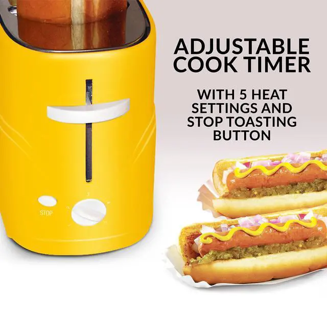 Alt view image 6 of 7 - 2 Slot Hot Dog and Bun Toaster with Mini Tongs, Hot Dog Toaster Works with Chicken, Turkey, Veggie Links, Sausages and Brats, Yellow