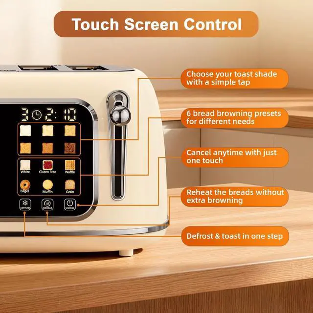 Alt view image 3 of 7 - Toaster 4 Slice, Touch Screen Wide Slot Retro Toaster For Breads Bagel Muffin Waffle, House Warming Gift New Home, 120V 1650W, Cream Color