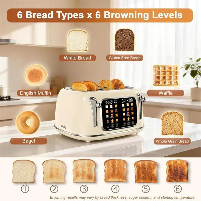 Alt view image 2 of 7 - Toaster 4 Slice, Touch Screen Wide Slot Retro Toaster For Breads Bagel Muffin Waffle, House Warming Gift New Home, 120V 1650W, Cream Color