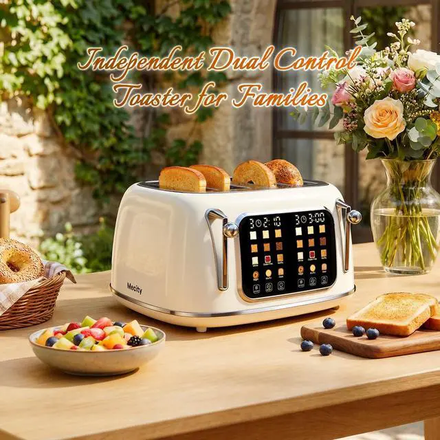 Alt view image 4 of 7 - Toaster 4 Slice, Touch Screen Wide Slot Retro Toaster For Breads Bagel Muffin Waffle, House Warming Gift New Home, 120V 1650W, Cream Color