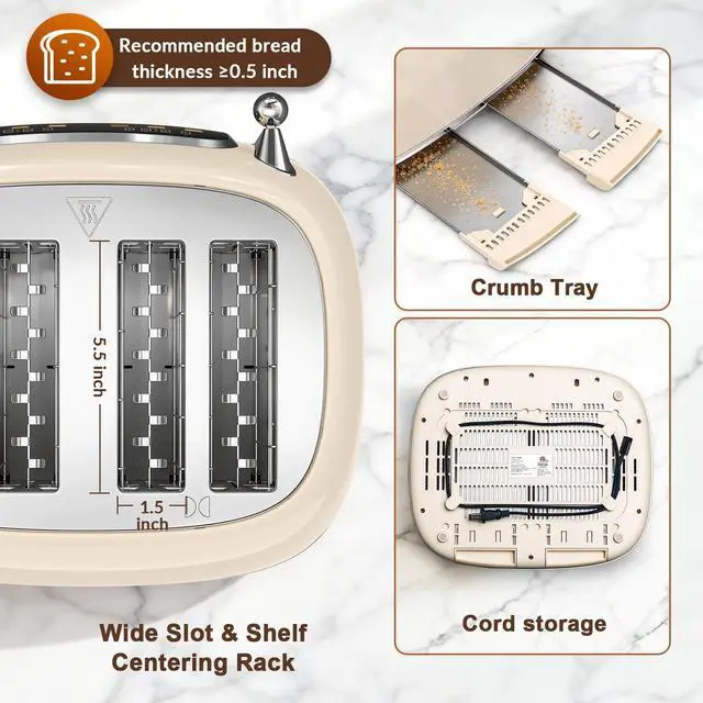 Alt view image 6 of 7 - Toaster 4 Slice, Touch Screen Wide Slot Retro Toaster For Breads Bagel Muffin Waffle, House Warming Gift New Home, 120V 1650W, Cream Color