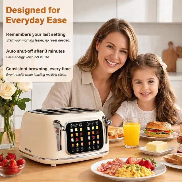 Alt view image 5 of 7 - Toaster 4 Slice, Touch Screen Wide Slot Retro Toaster For Breads Bagel Muffin Waffle, House Warming Gift New Home, 120V 1650W, Cream Color