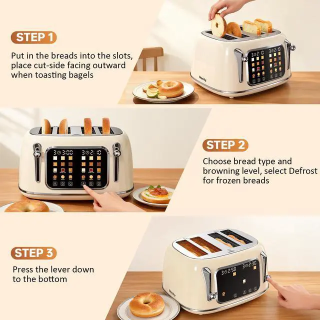 Alt view image 7 of 7 - Toaster 4 Slice, Touch Screen Wide Slot Retro Toaster For Breads Bagel Muffin Waffle, House Warming Gift New Home, 120V 1650W, Cream Color