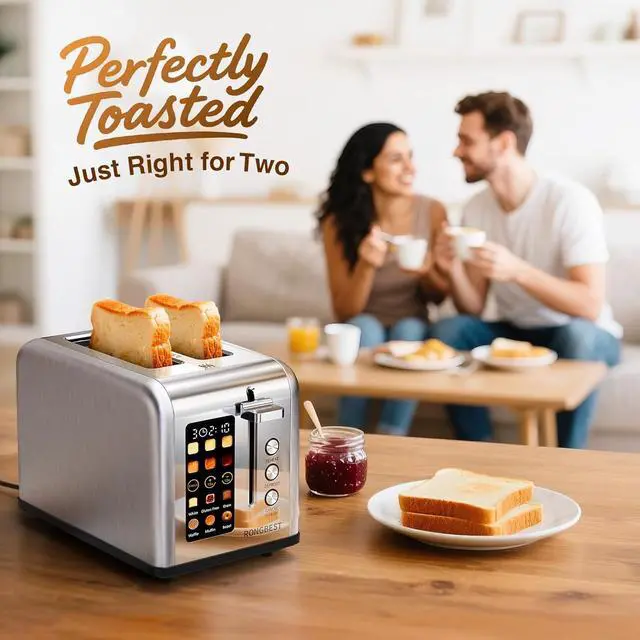Alt view image 2 of 7 - 2 Slice Touch Screen Toaster with Wide Slots Stainless Steel Toasters for Family Breakfast, Even Toasting for Bagels & Bread, Reheat & Defrost, Easy Removable Crumb Tray, Silver