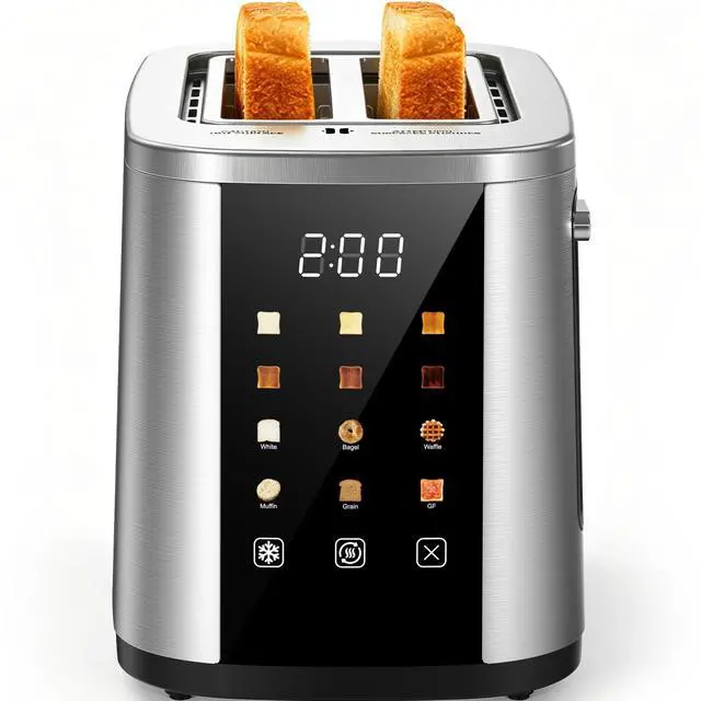 Main image of 2 Slice Toaster with Touch Screen, 1.5" Extra Wide Slots for Bagels & Thick Bread, Stainless Steel, Digital Countdown Timer, 6 Shade Settings, Defrost/Reheat/Cancel, Removable Crumb Tray