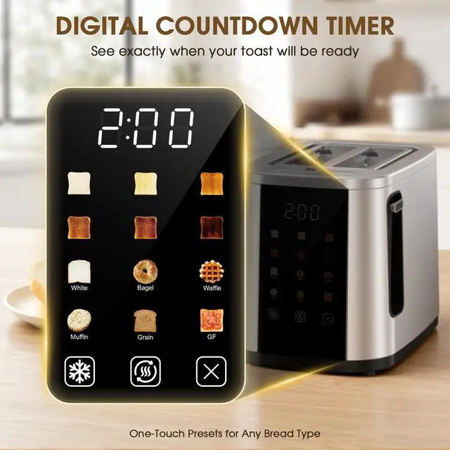 Alt view image 2 of 7 - 2 Slice Toaster with Touch Screen, 1.5" Extra Wide Slots for Bagels & Thick Bread, Stainless Steel, Digital Countdown Timer, 6 Shade Settings, Defrost/Reheat/Cancel, Removable Crumb Tray