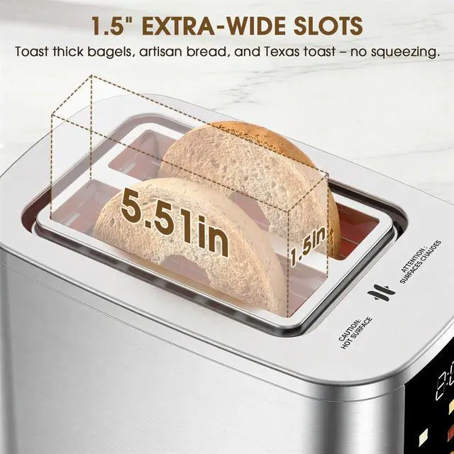 Alt view image 3 of 7 - 2 Slice Toaster with Touch Screen, 1.5" Extra Wide Slots for Bagels & Thick Bread, Stainless Steel, Digital Countdown Timer, 6 Shade Settings, Defrost/Reheat/Cancel, Removable Crumb Tray
