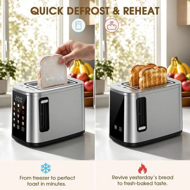 Alt view image 6 of 7 - 2 Slice Toaster with Touch Screen, 1.5" Extra Wide Slots for Bagels & Thick Bread, Stainless Steel, Digital Countdown Timer, 6 Shade Settings, Defrost/Reheat/Cancel, Removable Crumb Tray