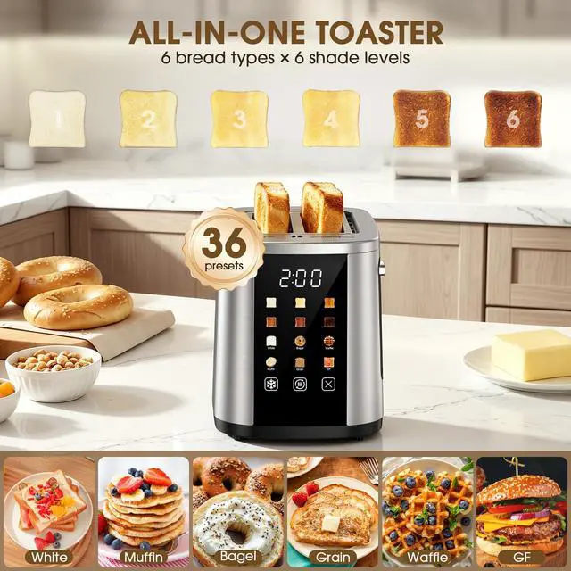 Alt view image 4 of 7 - 2 Slice Toaster with Touch Screen, 1.5" Extra Wide Slots for Bagels & Thick Bread, Stainless Steel, Digital Countdown Timer, 6 Shade Settings, Defrost/Reheat/Cancel, Removable Crumb Tray