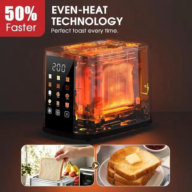Alt view image 5 of 7 - 2 Slice Toaster with Touch Screen, 1.5" Extra Wide Slots for Bagels & Thick Bread, Stainless Steel, Digital Countdown Timer, 6 Shade Settings, Defrost/Reheat/Cancel, Removable Crumb Tray