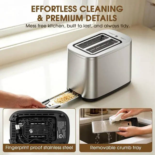 Alt view image 7 of 7 - 2 Slice Toaster with Touch Screen, 1.5" Extra Wide Slots for Bagels & Thick Bread, Stainless Steel, Digital Countdown Timer, 6 Shade Settings, Defrost/Reheat/Cancel, Removable Crumb Tray