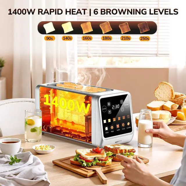 Alt view image 4 of 7 - Toaster 4 Slice, Digital Smart Toaster with TouchScreen, Memory Function, Single Slot Toasting, Timer, Reheat & Defrost for Bagels, Bread, Waffles, Muffin, Stainless Steel Kitchen Essentials