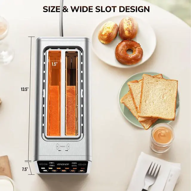 Alt view image 7 of 7 - Toaster 4 Slice, Digital Smart Toaster with TouchScreen, Memory Function, Single Slot Toasting, Timer, Reheat & Defrost for Bagels, Bread, Waffles, Muffin, Stainless Steel Kitchen Essentials