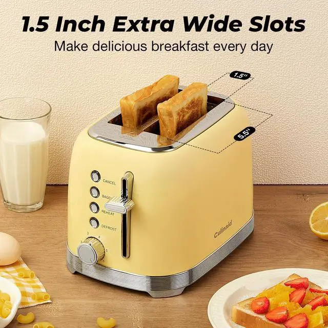 Alt view image 2 of 7 - Toaster 2 Slice Retro Stainless Steel with 1.5 Extra Wide Slots Bagel, Defrost, Reheat, Cancel Functions, 6 Bread Shade Settings, Removable Crumb Tray, Yellow