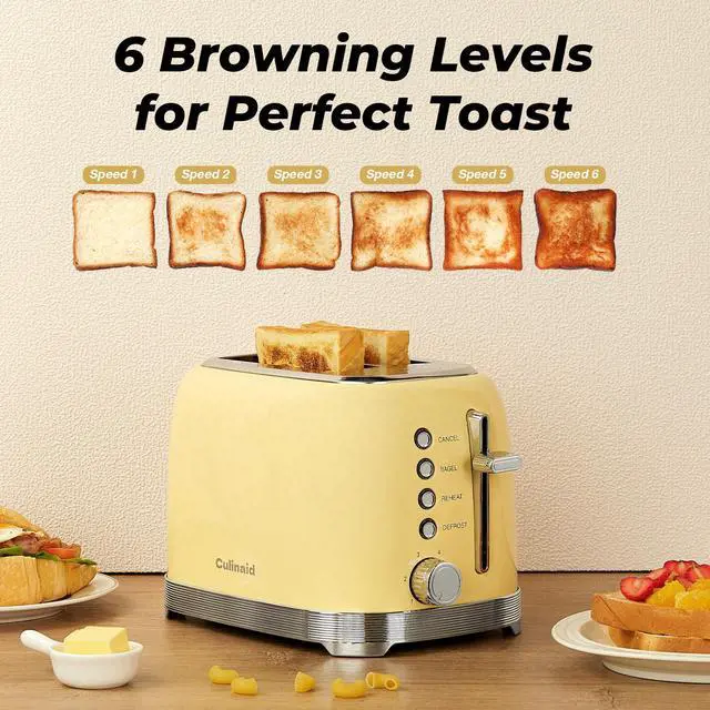 Alt view image 4 of 7 - Toaster 2 Slice Retro Stainless Steel with 1.5 Extra Wide Slots Bagel, Defrost, Reheat, Cancel Functions, 6 Bread Shade Settings, Removable Crumb Tray, Yellow