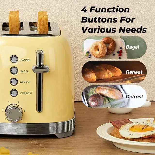 Alt view image 6 of 7 - Toaster 2 Slice Retro Stainless Steel with 1.5 Extra Wide Slots Bagel, Defrost, Reheat, Cancel Functions, 6 Bread Shade Settings, Removable Crumb Tray, Yellow