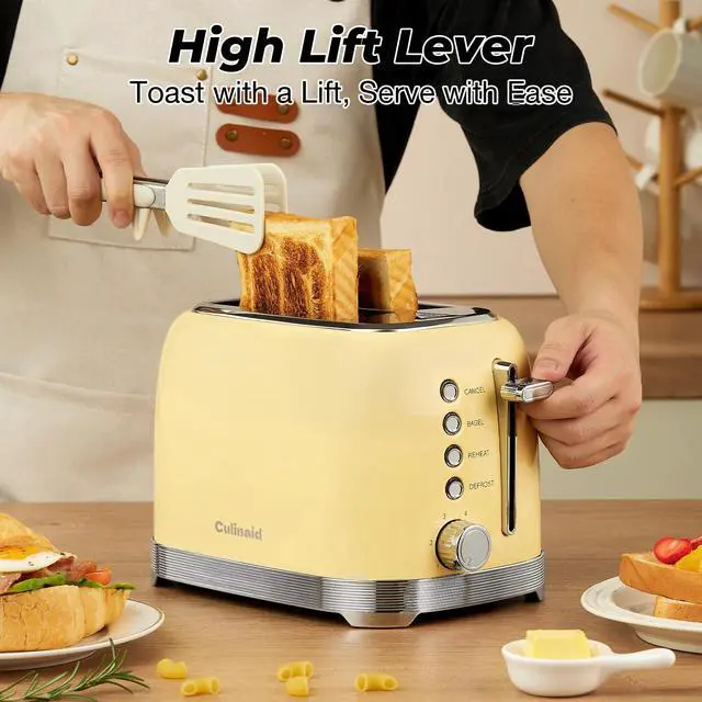 Alt view image 7 of 7 - Toaster 2 Slice Retro Stainless Steel with 1.5 Extra Wide Slots Bagel, Defrost, Reheat, Cancel Functions, 6 Bread Shade Settings, Removable Crumb Tray, Yellow