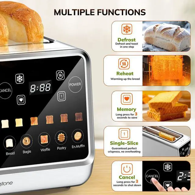 Alt view image 3 of 7 - Toaster 4 Slice, Digital Smart Toaster with TouchScreen, Memory Function, Single Slot Toasting, Timer, Reheat & Defrost for Bagels, Bread, Waffles, Muffin, Stainless Steel Kitchen Essentials