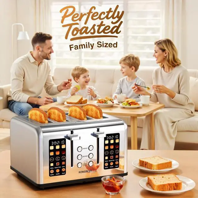 Alt view image 2 of 7 - 4 Slice Touch Screen Toaster with Wide Slots Stainless Steel Digital Toasters for Family Breakfast, Even Toasting for Bagel & Bread, Reheat Defrost Cancel, Removable Crumb Tray, Silver