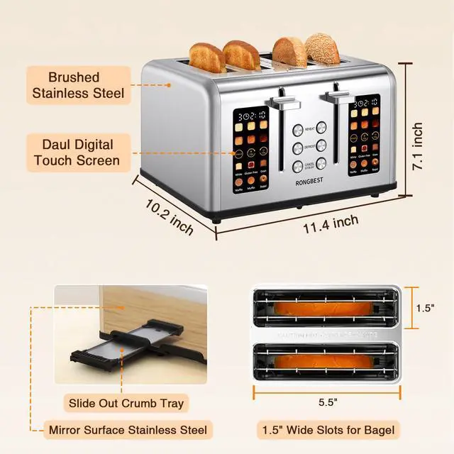 Alt view image 5 of 7 - 4 Slice Touch Screen Toaster with Wide Slots Stainless Steel Digital Toasters for Family Breakfast, Even Toasting for Bagel & Bread, Reheat Defrost Cancel, Removable Crumb Tray, Silver