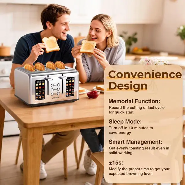 Alt view image 6 of 7 - 4 Slice Touch Screen Toaster with Wide Slots Stainless Steel Digital Toasters for Family Breakfast, Even Toasting for Bagel & Bread, Reheat Defrost Cancel, Removable Crumb Tray, Silver