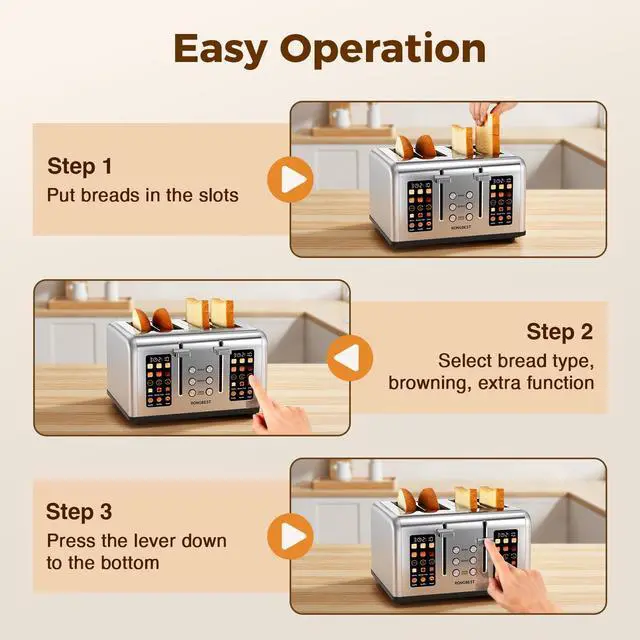 Alt view image 7 of 7 - 4 Slice Touch Screen Toaster with Wide Slots Stainless Steel Digital Toasters for Family Breakfast, Even Toasting for Bagel & Bread, Reheat Defrost Cancel, Removable Crumb Tray, Silver