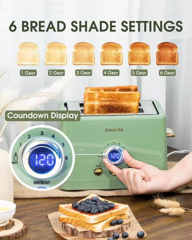 Alt view image 2 of 7 - 2 Slice Toaster, Retro Bread Toaster with LED Display, Extra Wide Slots Toasters with 6 Bread Shade Settings, Bagel, Cancel, Defrost Function, Stainless Steel with High Lift Lever, Removal Crumb Tray