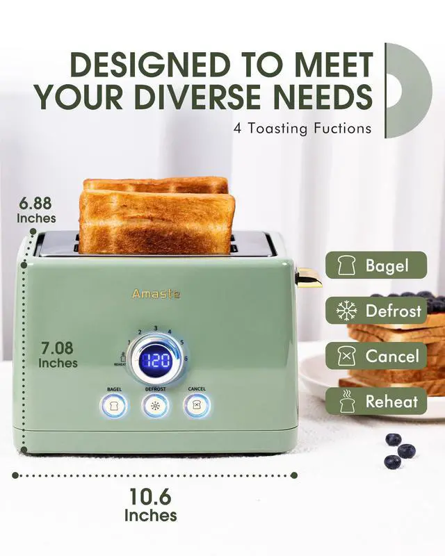 Alt view image 6 of 7 - 2 Slice Toaster, Retro Bread Toaster with LED Display, Extra Wide Slots Toasters with 6 Bread Shade Settings, Bagel, Cancel, Defrost Function, Stainless Steel with High Lift Lever, Removal Crumb Tray