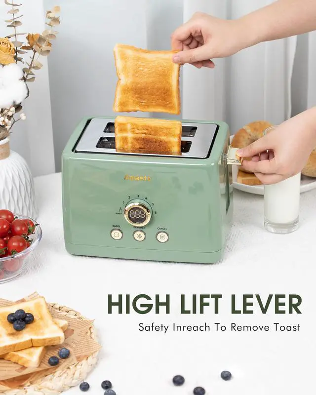 Alt view image 7 of 7 - 2 Slice Toaster, Retro Bread Toaster with LED Display, Extra Wide Slots Toasters with 6 Bread Shade Settings, Bagel, Cancel, Defrost Function, Stainless Steel with High Lift Lever, Removal Crumb Tray