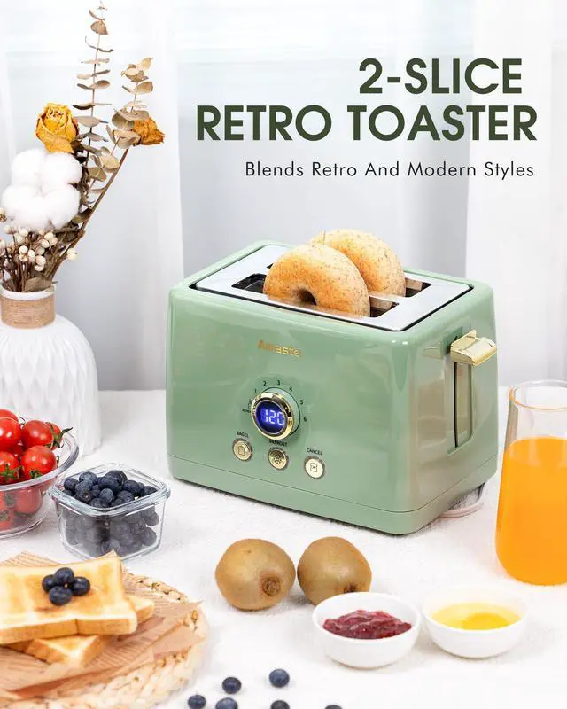 Alt view image 3 of 7 - 2 Slice Toaster, Retro Bread Toaster with LED Display, Extra Wide Slots Toasters with 6 Bread Shade Settings, Bagel, Cancel, Defrost Function, Stainless Steel with High Lift Lever, Removal Crumb Tray