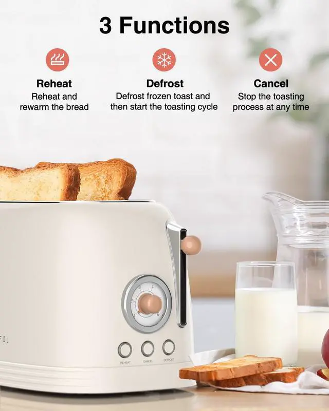Alt view image 3 of 7 - 2-Slice Toaster, Extra Wide Slots Toaster, Retro Stainless Steel with Bagel, Cancel, Defrost, Reheat Function and 6-Shade Settings, Removal Crumb Tray, Cream