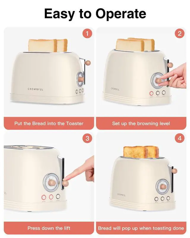 Alt view image 5 of 7 - 2-Slice Toaster, Extra Wide Slots Toaster, Retro Stainless Steel with Bagel, Cancel, Defrost, Reheat Function and 6-Shade Settings, Removal Crumb Tray, Cream
