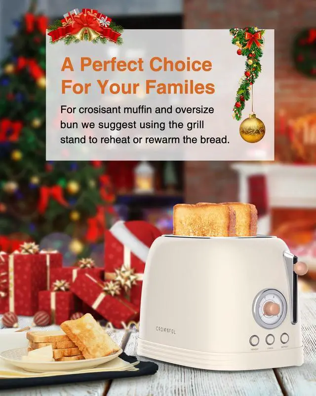 Alt view image 6 of 7 - 2-Slice Toaster, Extra Wide Slots Toaster, Retro Stainless Steel with Bagel, Cancel, Defrost, Reheat Function and 6-Shade Settings, Removal Crumb Tray, Cream
