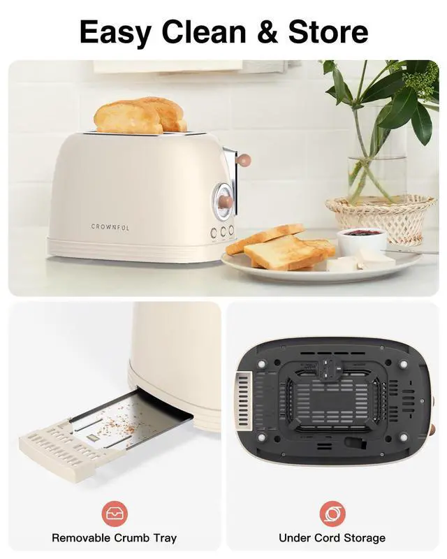 Alt view image 7 of 7 - 2-Slice Toaster, Extra Wide Slots Toaster, Retro Stainless Steel with Bagel, Cancel, Defrost, Reheat Function and 6-Shade Settings, Removal Crumb Tray, Cream