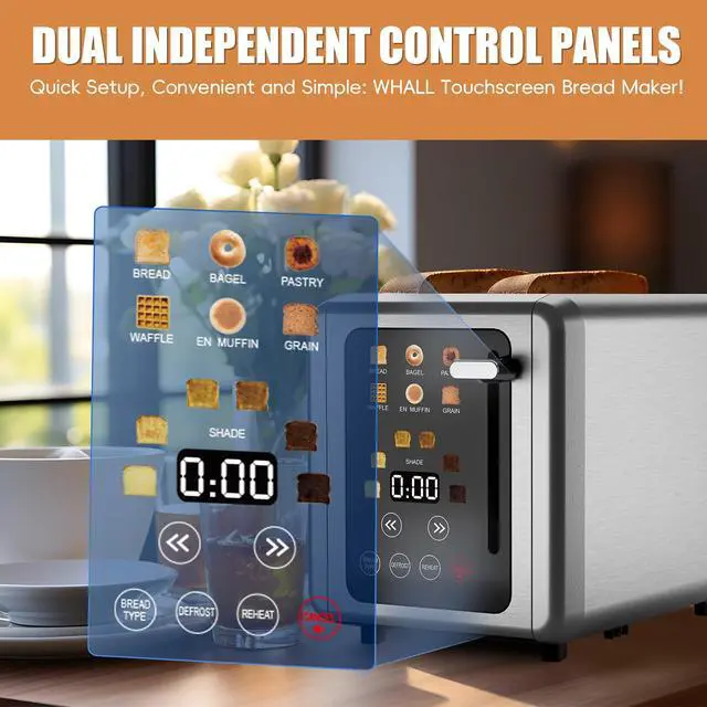 Alt view image 2 of 7 - Touch Screen Toaster 2 Slice,Smart Digital Toaster with 1.5" Wide Slots,6 Shade Settings & 6 Bread Types,Memory Function,Countdown Timer,Brushed Stainless,Ideal Kitchen Gift & Essential