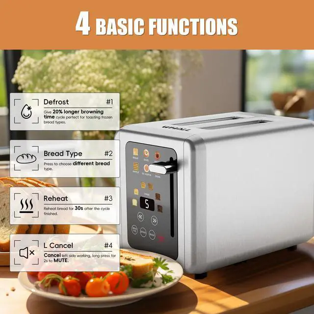 Alt view image 3 of 7 - Touch Screen Toaster 2 Slice,Smart Digital Toaster with 1.5" Wide Slots,6 Shade Settings & 6 Bread Types,Memory Function,Countdown Timer,Brushed Stainless,Ideal Kitchen Gift & Essential
