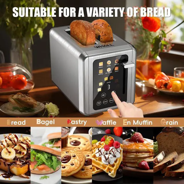 Alt view image 4 of 7 - Touch Screen Toaster 2 Slice,Smart Digital Toaster with 1.5" Wide Slots,6 Shade Settings & 6 Bread Types,Memory Function,Countdown Timer,Brushed Stainless,Ideal Kitchen Gift & Essential