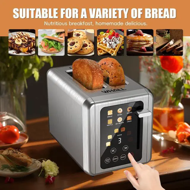 Alt view image 5 of 7 - Touch Screen Toaster 2 Slice,Smart Digital Toaster with 1.5" Wide Slots,6 Shade Settings & 6 Bread Types,Memory Function,Countdown Timer,Brushed Stainless,Ideal Kitchen Gift & Essential